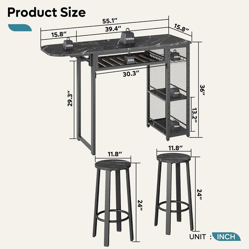 Bar Table and Chair Set Expandable Dining