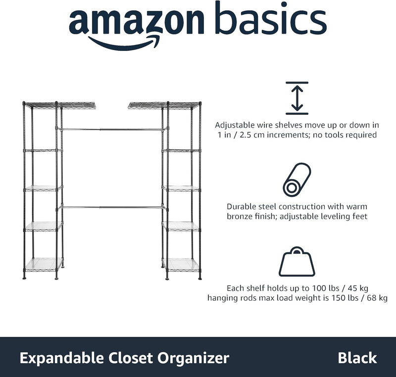 Expandable Wardrobe and Closet Organiser Rail with 10
