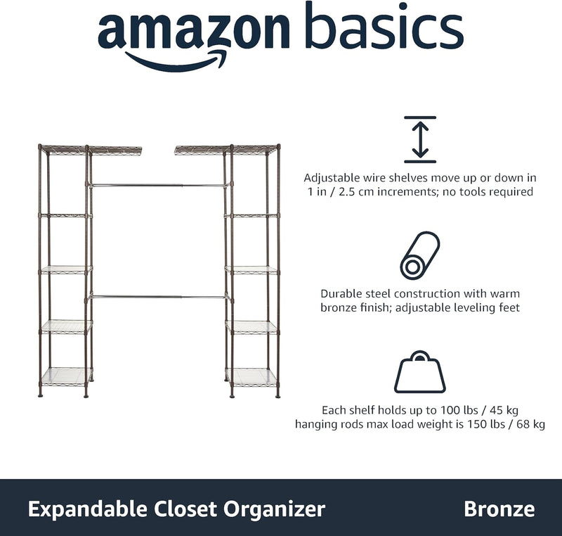Expandable Wardrobe and Closet Organiser Rail with 10
