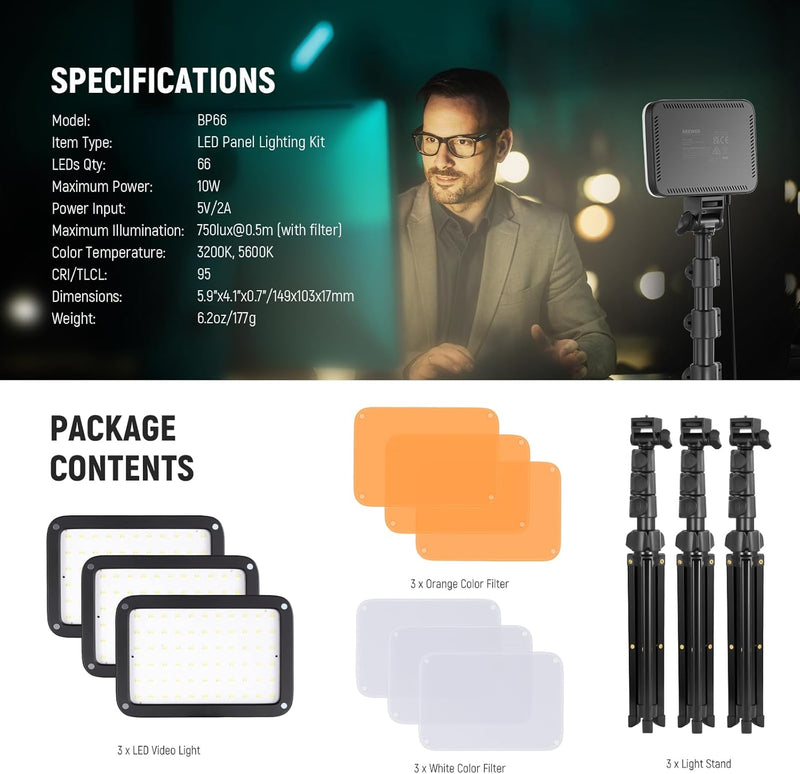 Basics LED Video Light Panel Lighting Kit Bi (3 Pack)