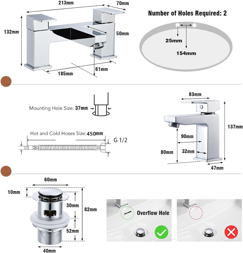 Bath Tap and Basin Taps with Waste Set