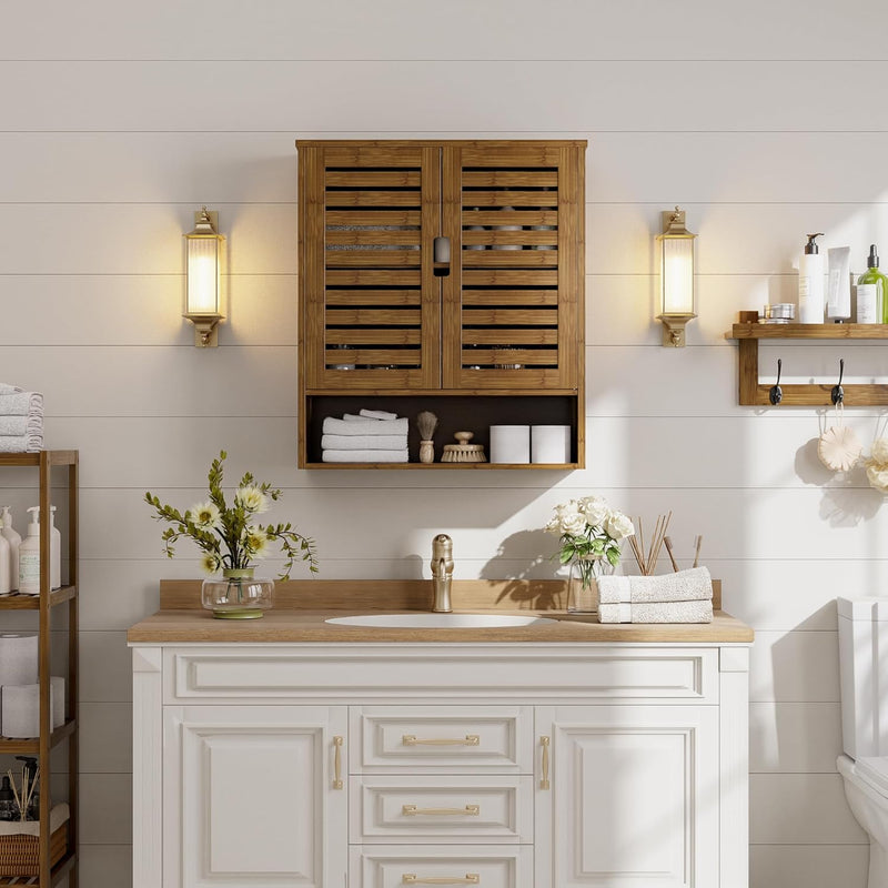 Bathroom Cabinet Wall Mounted Bamboo Over-The-Toilet Storage