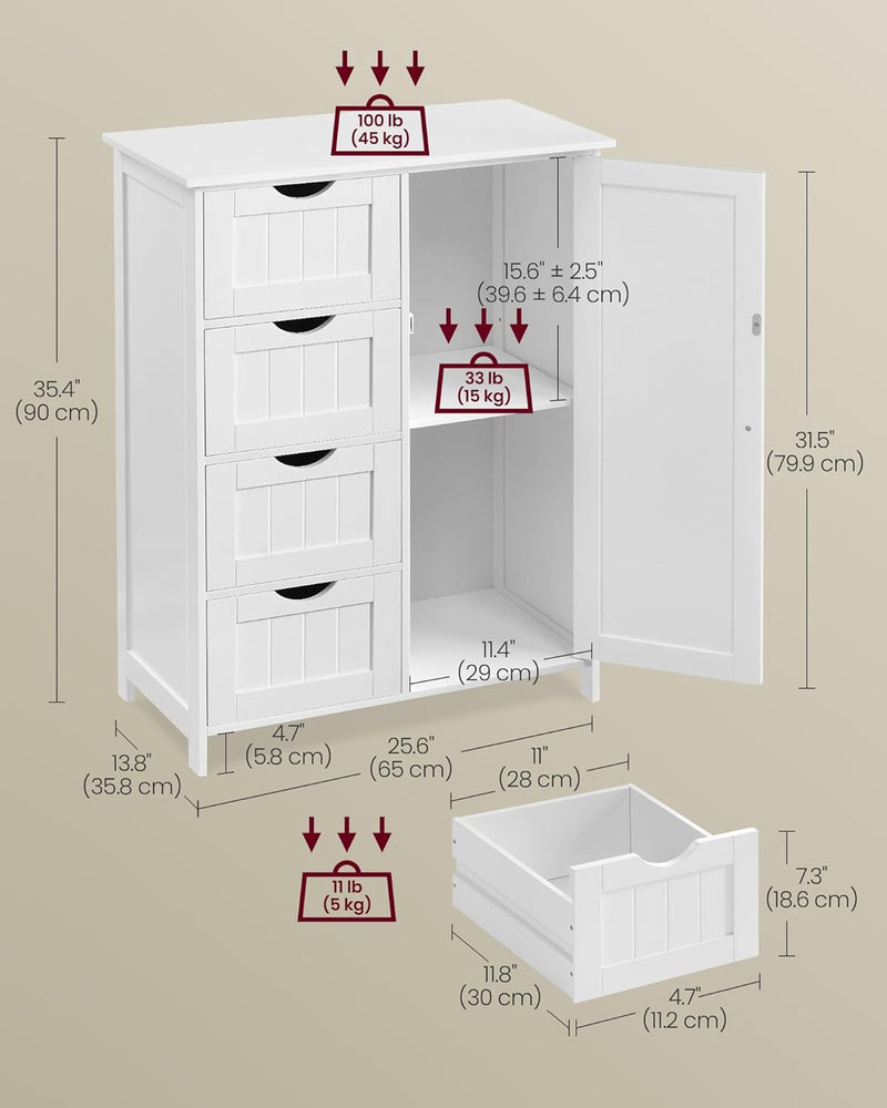 Bathroom Floor Storage Cabinet Wooden Unit with 4