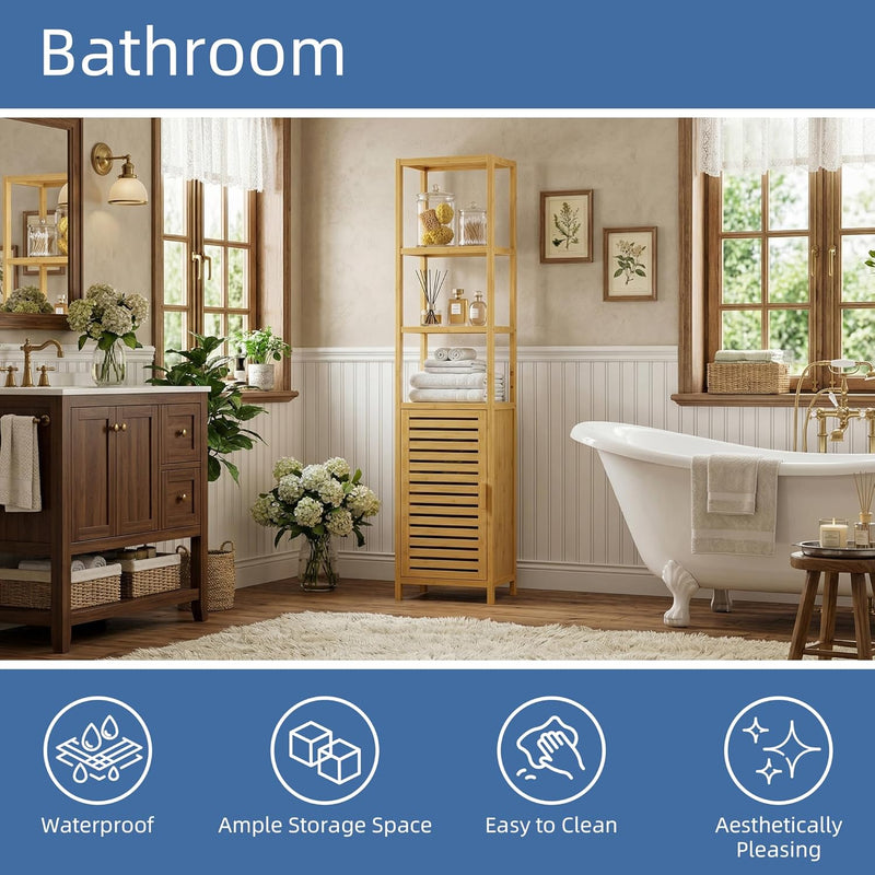 Bathroom Storage Cabinet 6-Tier Bamboo Tall Narrow Linen