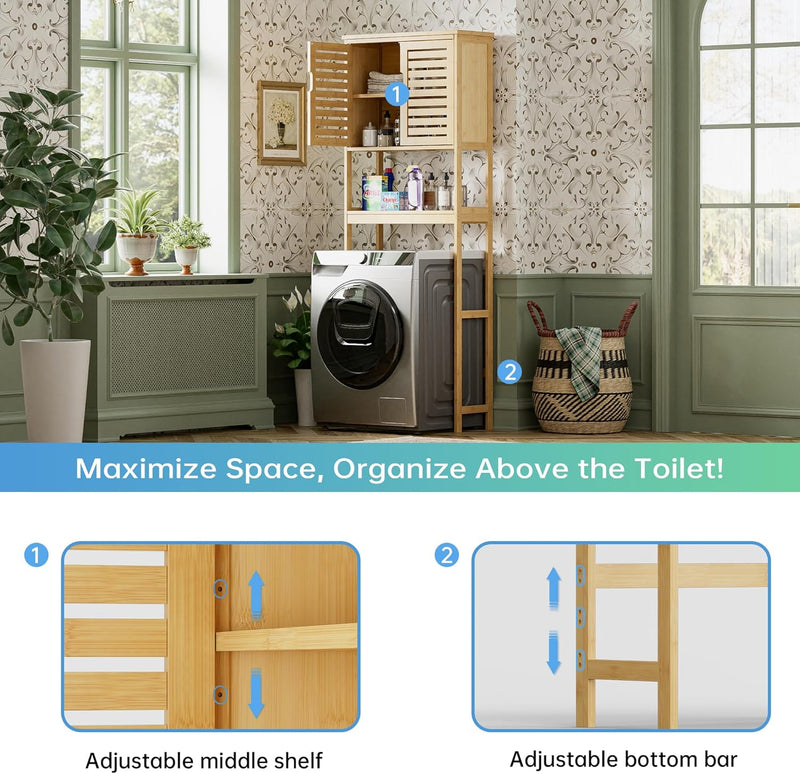 Bathroom Storage Shelf with Cabinet Bamboo Over-The-Toilet