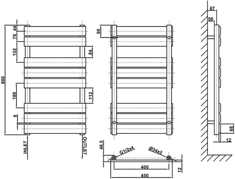 Bathroom Towel Rail Radiator 650x500MM Flat Panel
