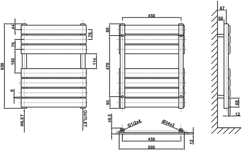 Bathroom Towel Rail Radiator 650x500MM Flat Panel