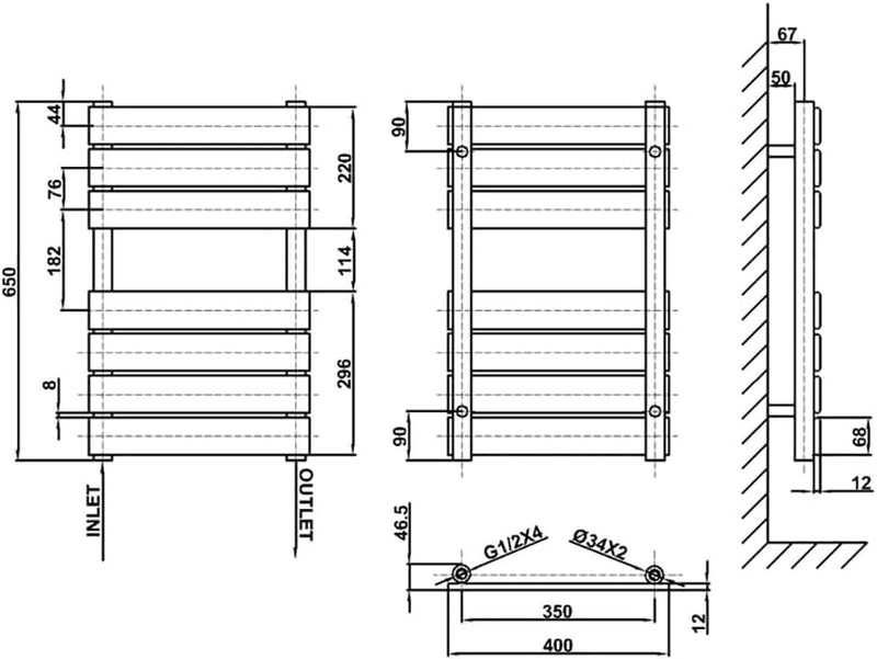 Bathroom Towel Rail Radiator 650x500MM Flat Panel