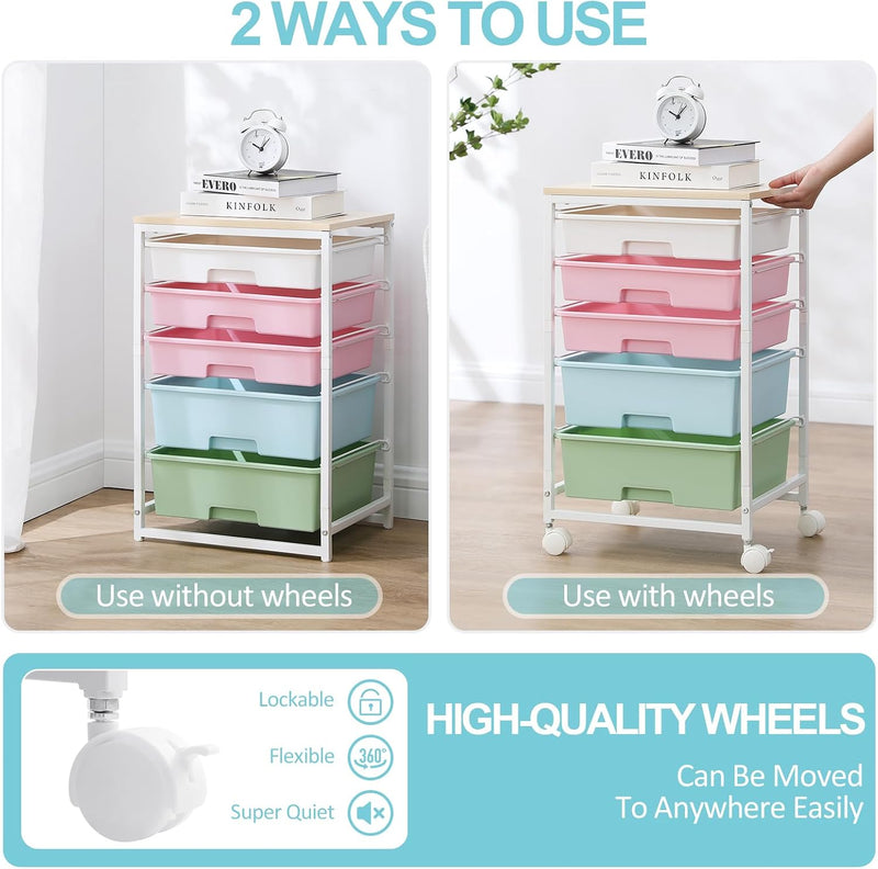 Bathroom Trolley with 5 Drawers and Wooden Worktop