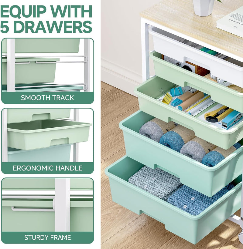 Bathroom Trolley with 5 Drawers and Wooden Worktop