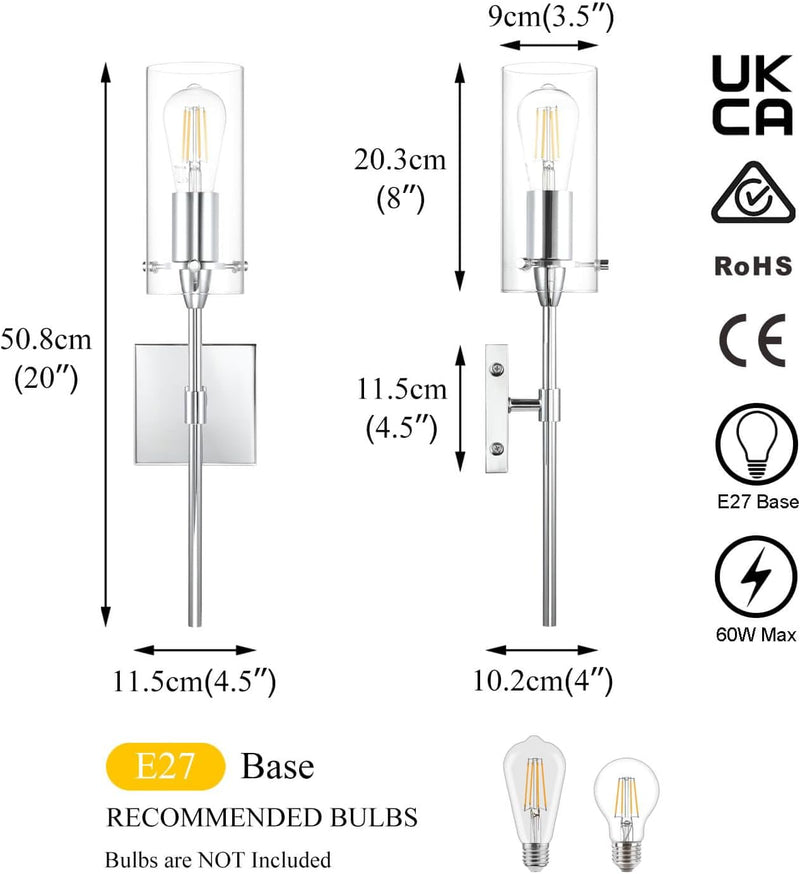 Bathroom Wall Lights Clear Glass Shade for Hallway (2 Pack)