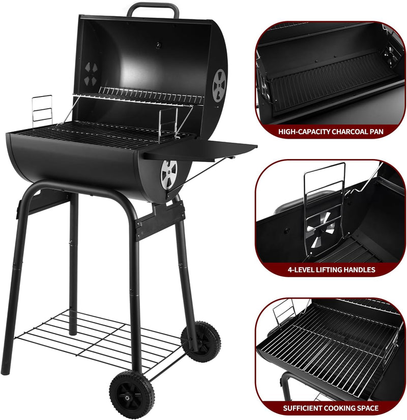 Bbq Grill Smoker with Side Shelves Portable Barrel