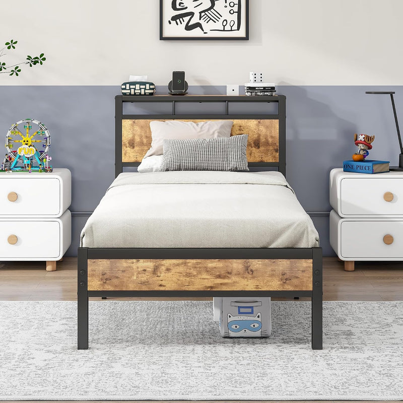 Bed Frame with Wooden Storage Headboard