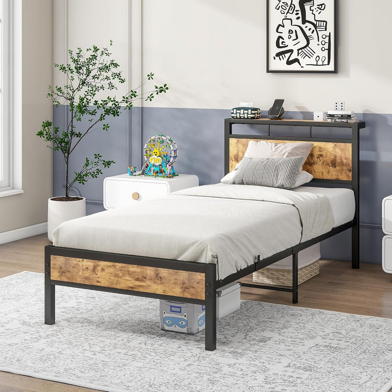 Bed Frame with Wooden Storage Headboard
