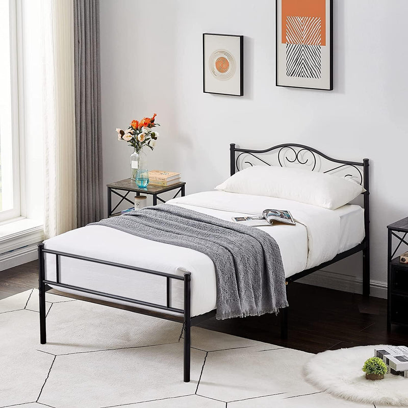 Bed Frame Easy Assembly Metal Mattress Foundation With-Headboard