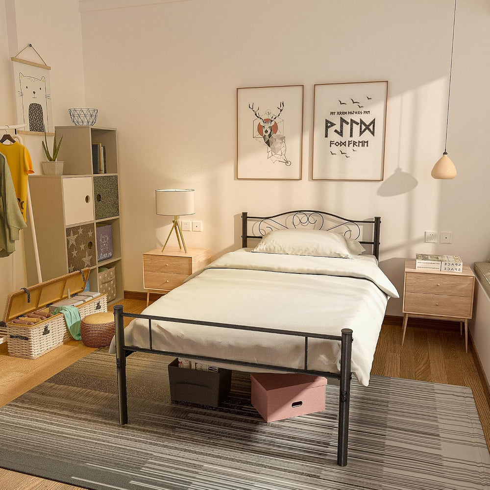 Bed Frame Easy Assembly Metal Mattress Foundation With-Headboard