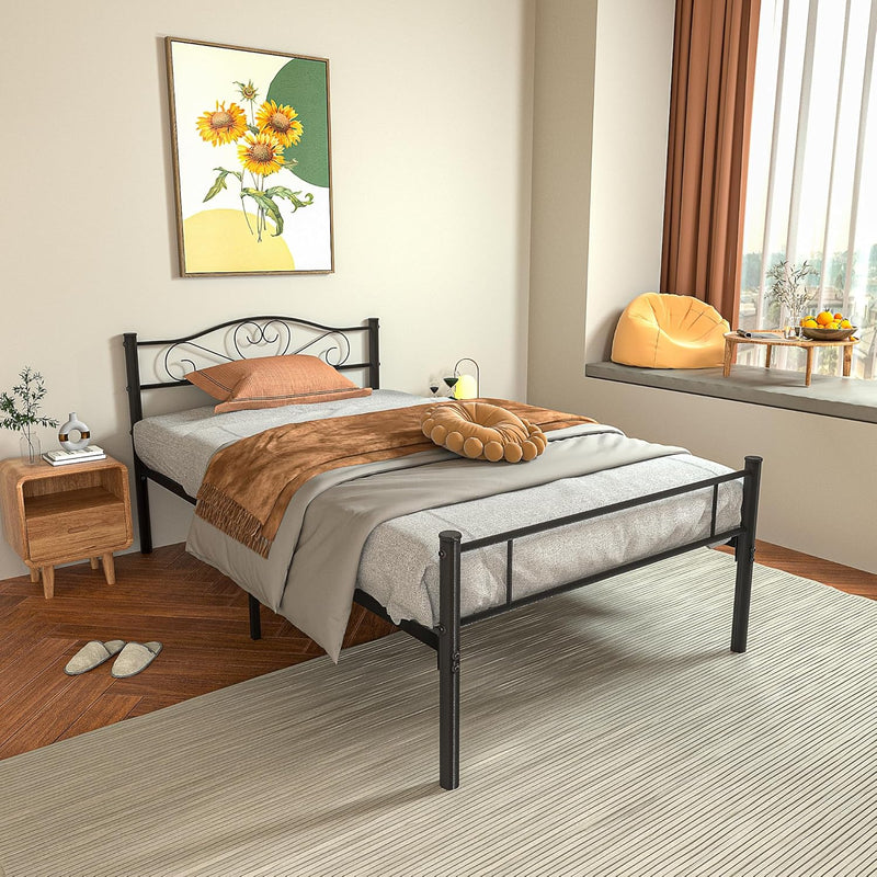 Bed Frame Easy Assembly Metal Mattress Foundation With-Headboard