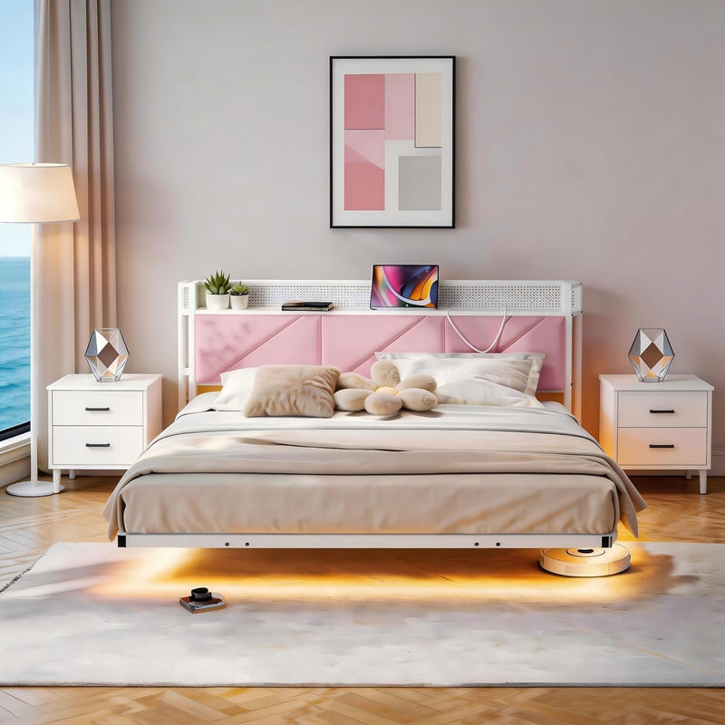 Bed Frame with Floating Upholstered Storage Headboard Metal