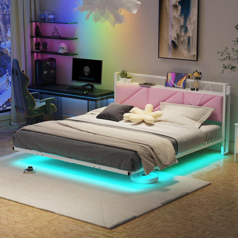 Bed Frame with Floating Upholstered Storage Headboard Metal