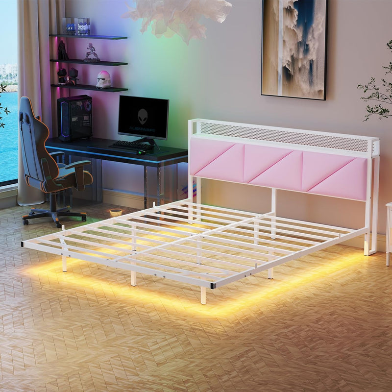 Bed Frame with Floating Upholstered Storage Headboard Metal