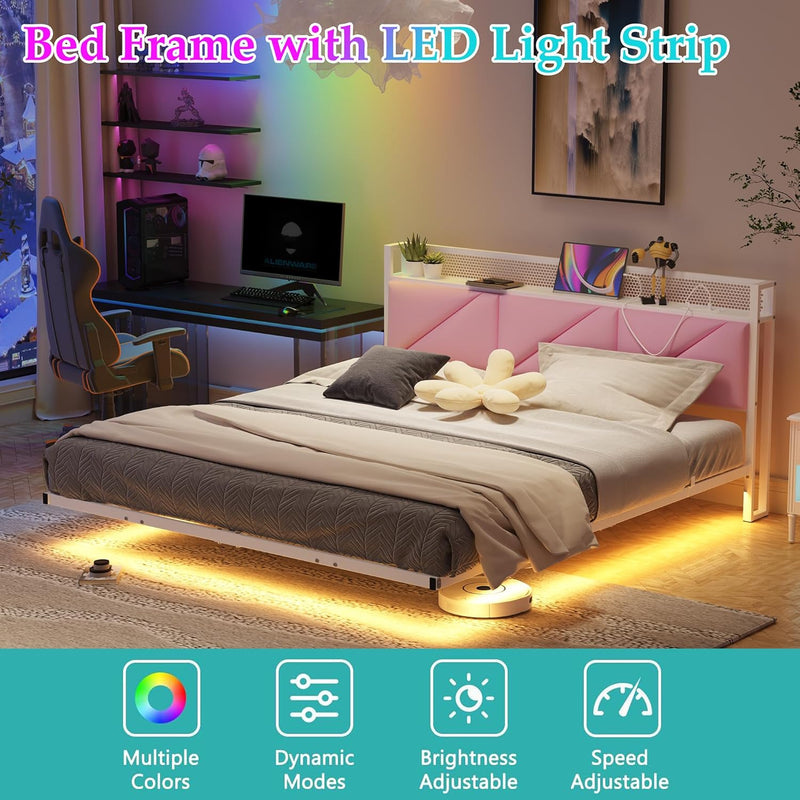 Bed Frame with Floating Upholstered Storage Headboard Metal