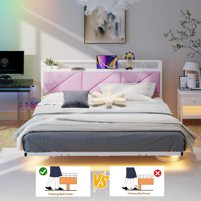 Bed Frame with Floating Upholstered Storage Headboard Metal