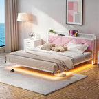 Bed Frame Floating Upholstered Platform with LED Lights
