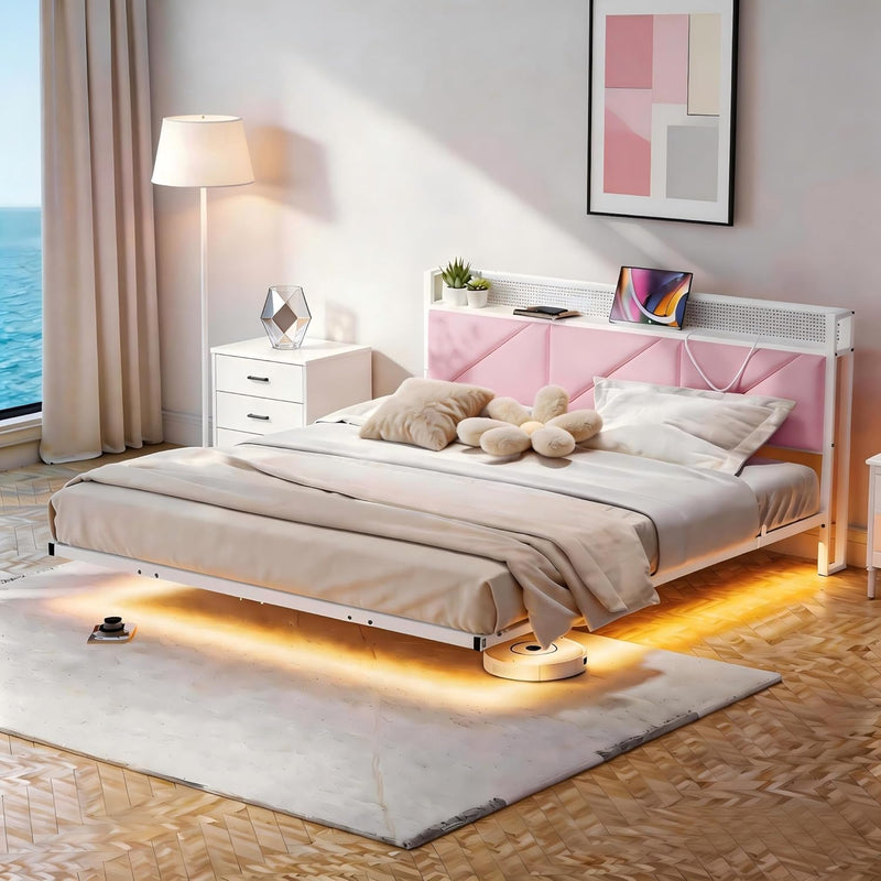 Bed Frame with Floating Upholstered Storage Headboard Metal