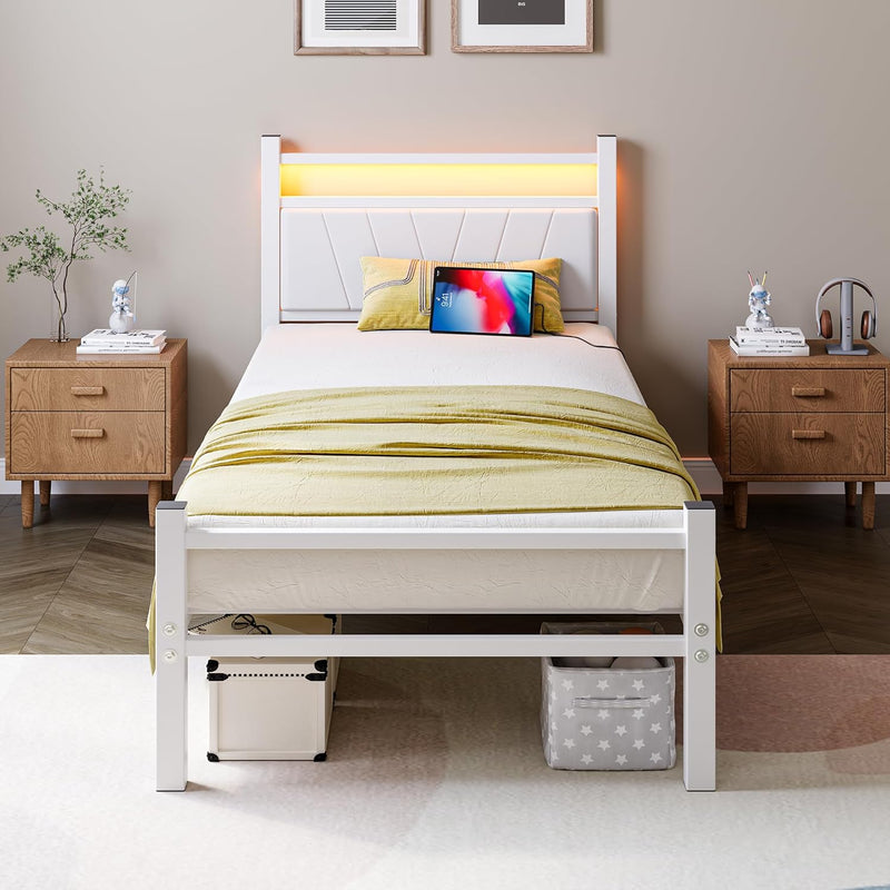Bed Frame Metal Platform Upholstered with Headboard