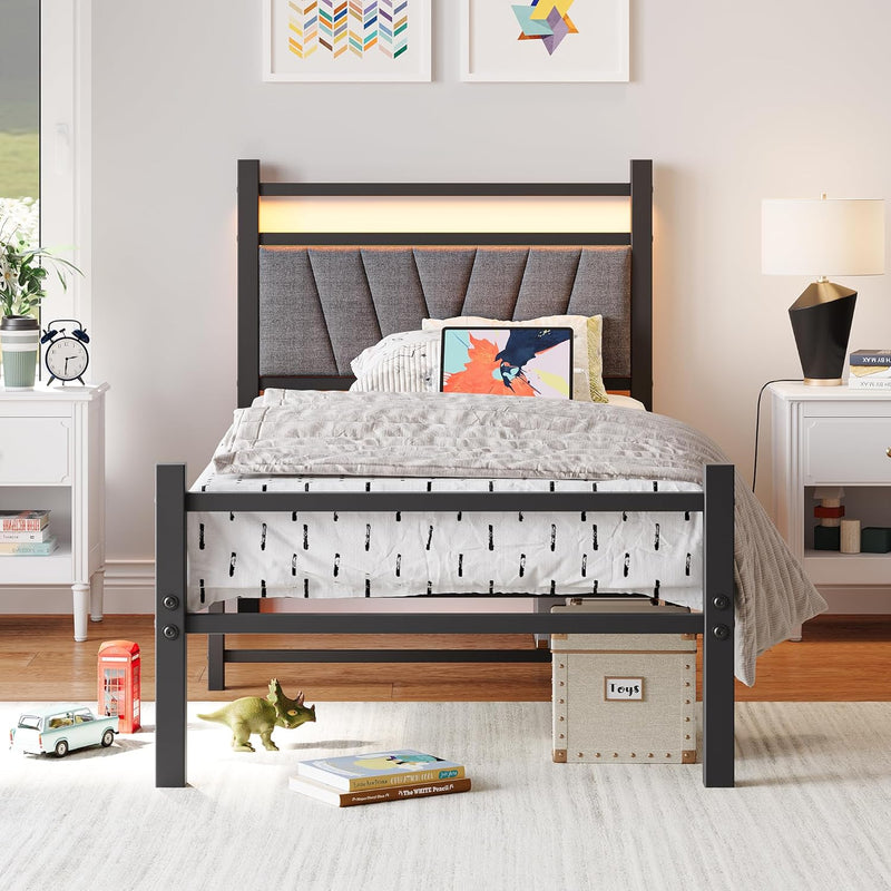 Bed Frame Metal Platform Upholstered with Headboard