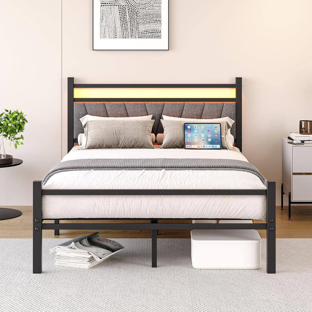 Bed Frame Metal Platform Upholstered with Headboard