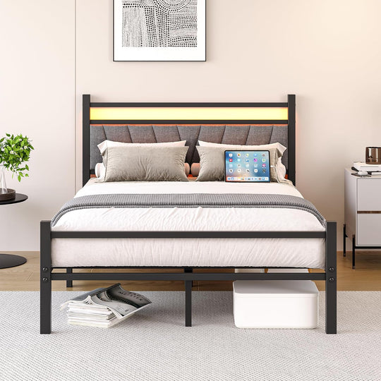Bed Frame with Storage Headboard Metal Platform Upholstered