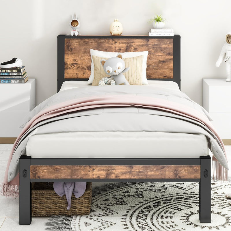 Bed Frame Metal Platform with Wood Headboard Mattress