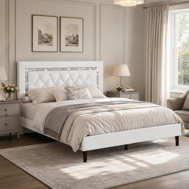 Bed Frame Upholstered Platform with Diamond Tufted Headboard