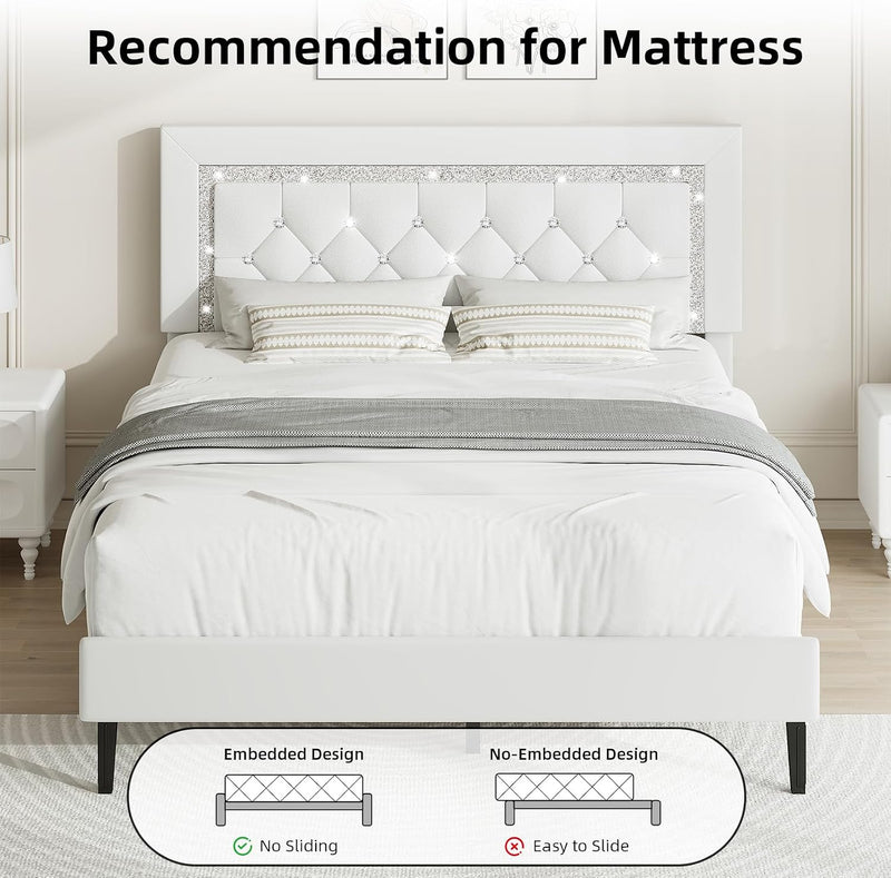 Bed Frame Upholstered Platform with Diamond Tufted Headboard