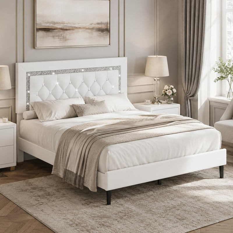Bed Frame Upholstered Platform with Diamond Tufted Headboard