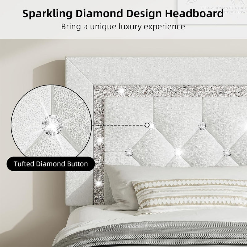 Bed Frame Upholstered Platform with Diamond Tufted Headboard