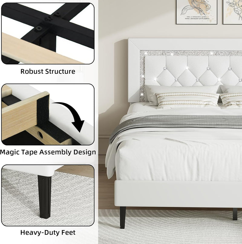 Bed Frame Upholstered Platform with Diamond Tufted Headboard