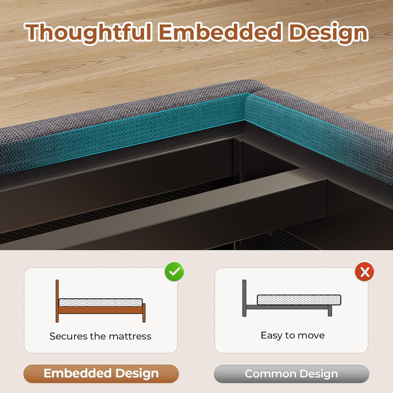 Bed Frame Upholstered with LED Lights Charging Station