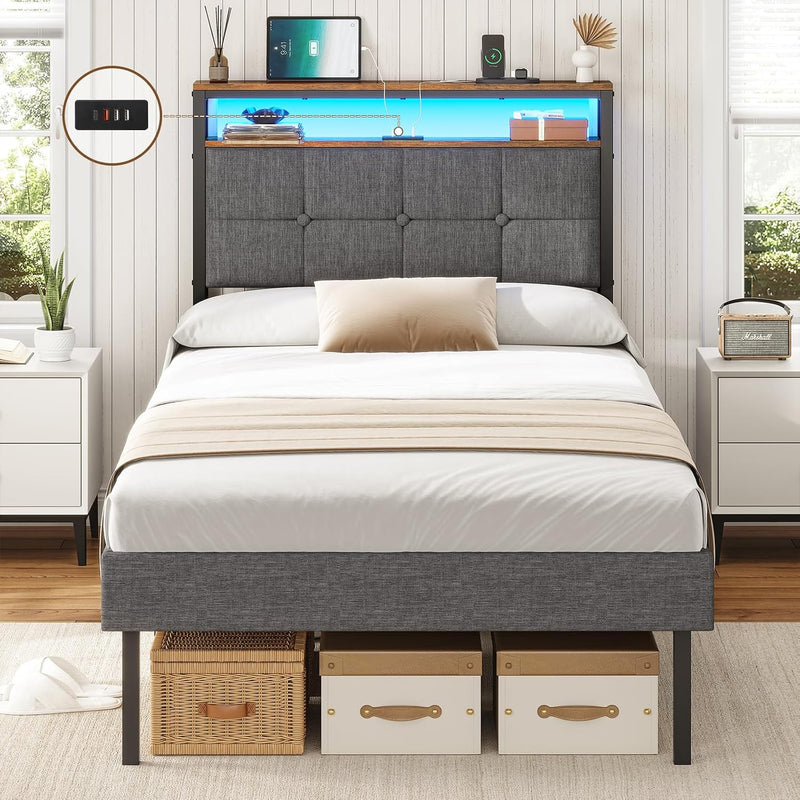Bed Frame Upholstered with LED Lights Charging Station