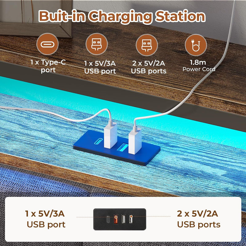 Bed Frame Upholstered with LED Lights Charging Station