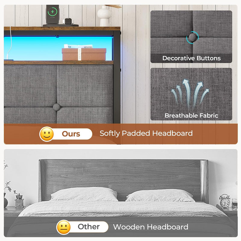 Bed Frame Upholstered with LED Lights Charging Station