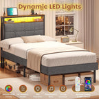 Bed Frame Upholstered with LED Lights Charging Station