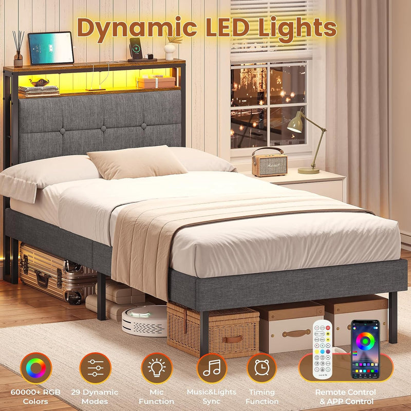 Bed Frame Upholstered with LED Lights Charging Station