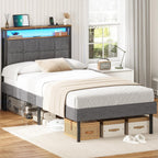 Bed Frame Upholstered with LED Lights Charging Station