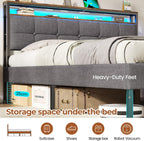 Bed Frame Upholstered with LED Lights Charging Station