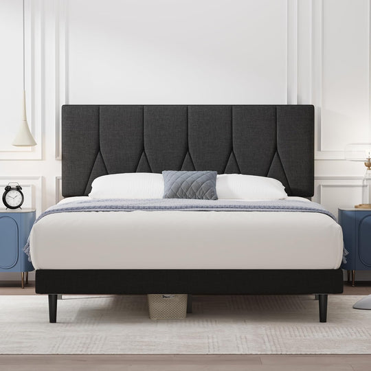 Bed Frame Upholstered Wooden Slat with Headboard