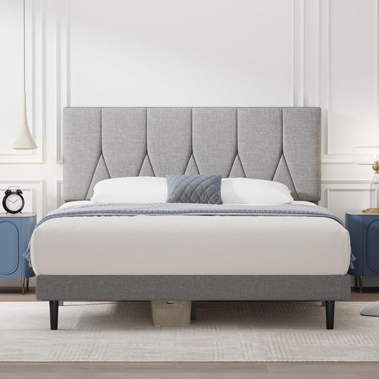 Bed Frame Upholstered Wooden Slat with Headboard