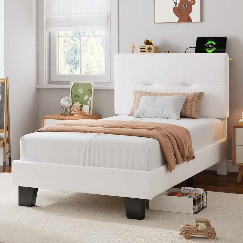 Bed Frame with Charging Station Velvet Upholstered Platform