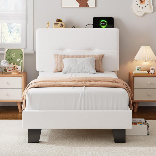 Bed Frame with Charging Station Velvet Upholstered Platform